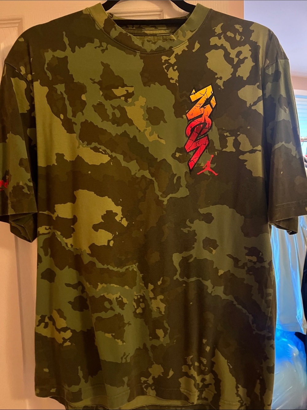 Jordan Olive Green Camo Short-Sleeve Tee with Red and Yellow Logo